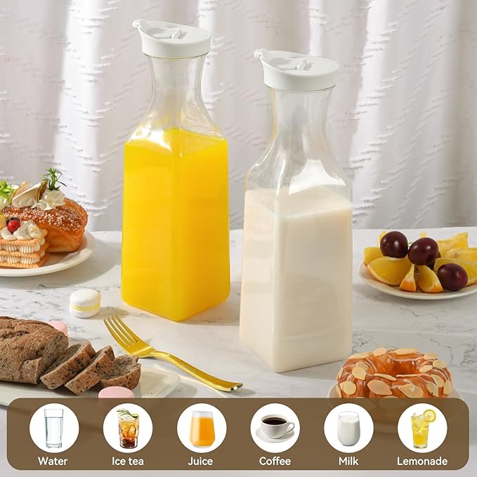 Set Of 8 Plastic Carafe With Lid, 50 Oz Mimosa Bar Supplies, Large Plastic Water Pitcher, Square Base Juice Containers For Party, Milk Container, Beverage Containers For Fridge- HAND WASH ONLY