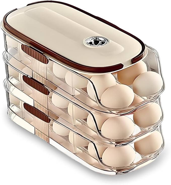 Egg Organizer for Refrigerator，egg Holder for Fridge with Lid and Handle，automatic Rolling Egg Dispenser for Refrigerator,Clear Stackable 3 Tier 42 Eggs Storage，space Saving ＆Timed Freshness