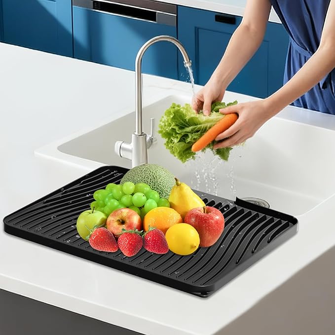 Silicone Dish Drying Mat for Kitchen Counter, Non-Slip Drain Pad, Dish Drying Pad, Easy to Clean Dish Rack Pad, Multi-Use as Heat Resistant Trivet, 19.7" x 17" , Black