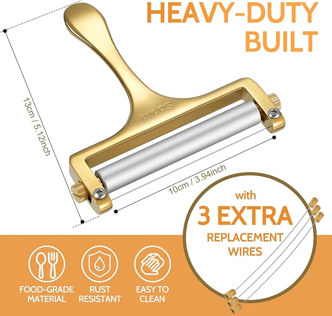 Sopito Cheese Slicer Stainless Steel With 3 Extra Wires Great for Cheddar, Gruyere, Raclette, Mozzarella Cheese Block, Gold