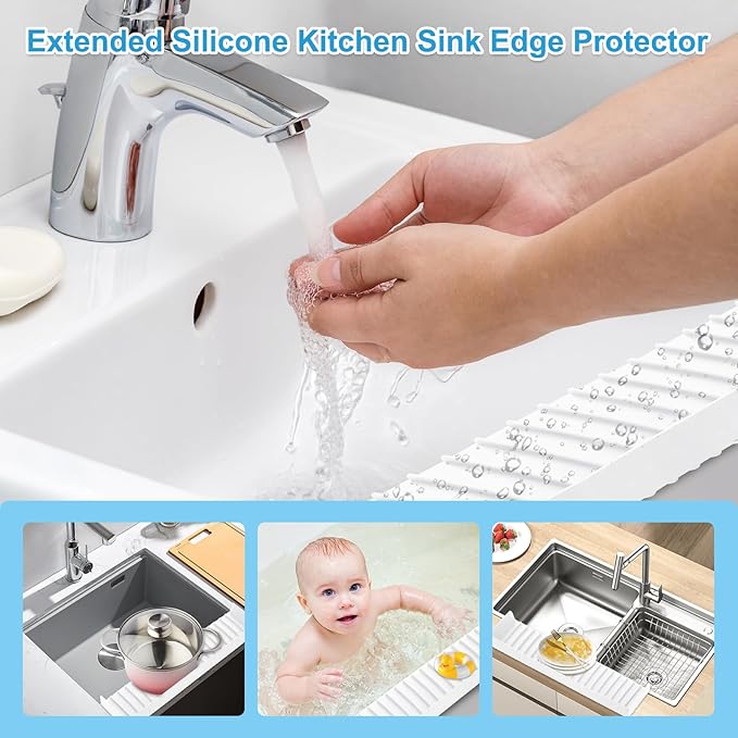 Silicone Faucet Splash Guard 4" x 14", Faucet Water Catcher Mat, Longer Silicone Sink Mat for Kitchen, Bathroom, Laundry Room, Farmhouse for Quartz Kitchen Sink（Transparent White）