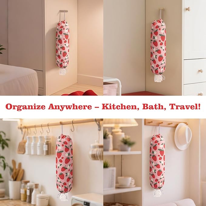 Strawberry Grocery Plastic Bag Holder and Dispenser,Farmhouse Home Decor,Reusable Grocery Accessories Organizer,Garbage Shopping Trash Bags Storage for Kitchen,Gifts for Women Family