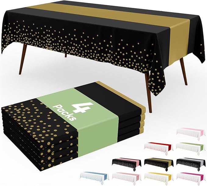 Smiry Plastic Table Cloth Disposable 4 Pack, 54 x 108 Inch Rectangle Waterproof Tablecloth, Printed Gold Table Runner Style for Birthday Weeding, Party Decorations, Leakproof & Sturdy, Black and Gold