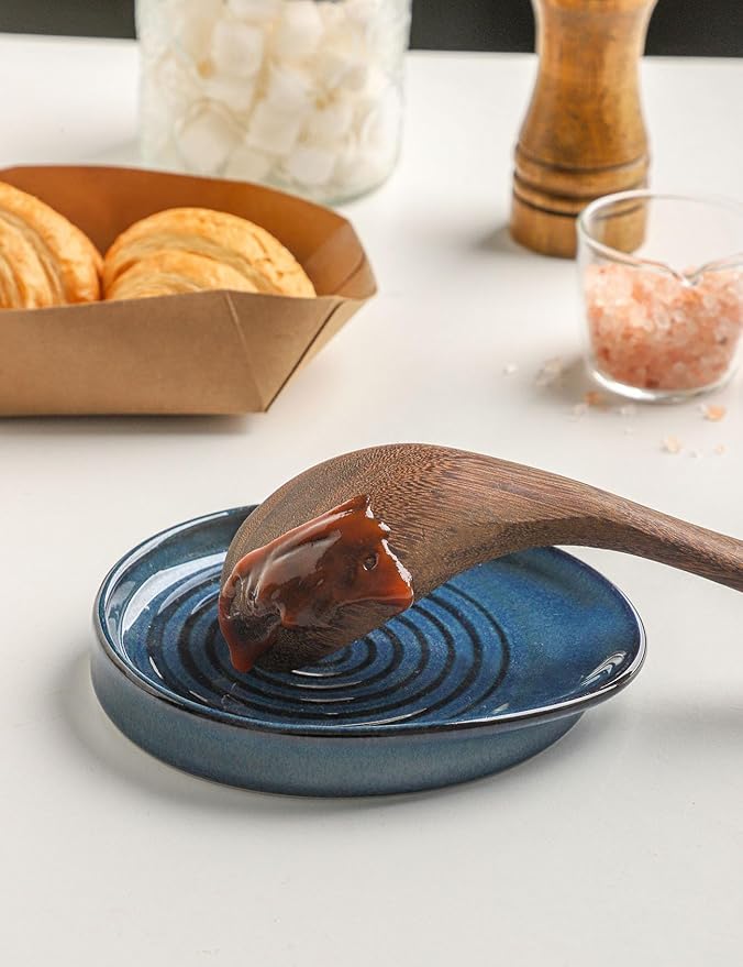 Ceramic Spoon Rest for Stove Top, Spoon Holder for Kitchen Counter, Farmhouse Cooking Utensil Holder for Spoons, Ladles, Spatula, Glazed Blue