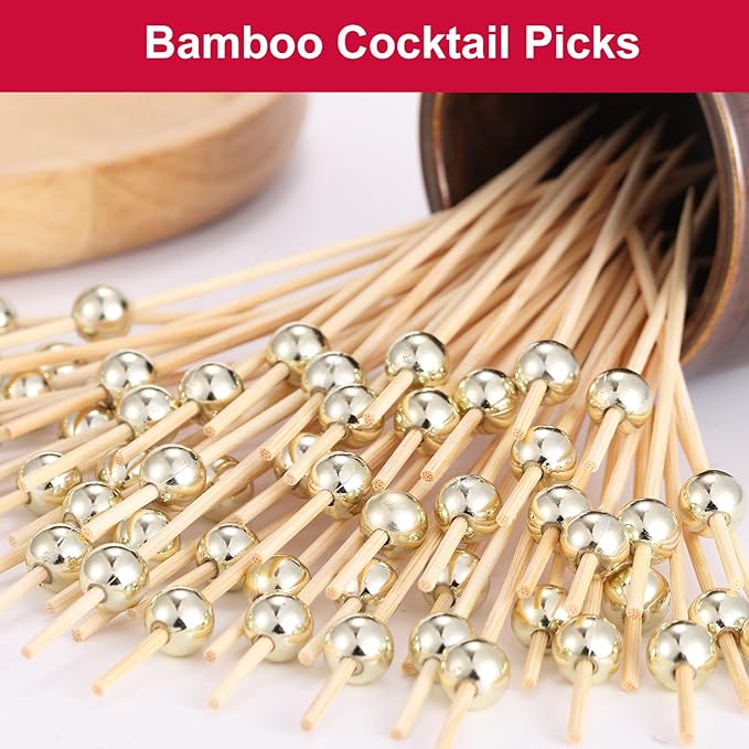 200 Pcs Cocktail Picks, Gold Plastic Ball Decor Skewer for Appetizers, Fruit, Kebabs, Mini Burger, Bamboo Skewers for Drinks, Handheld Toothpicks, Food Sticks Natural, Kitchen Gadget