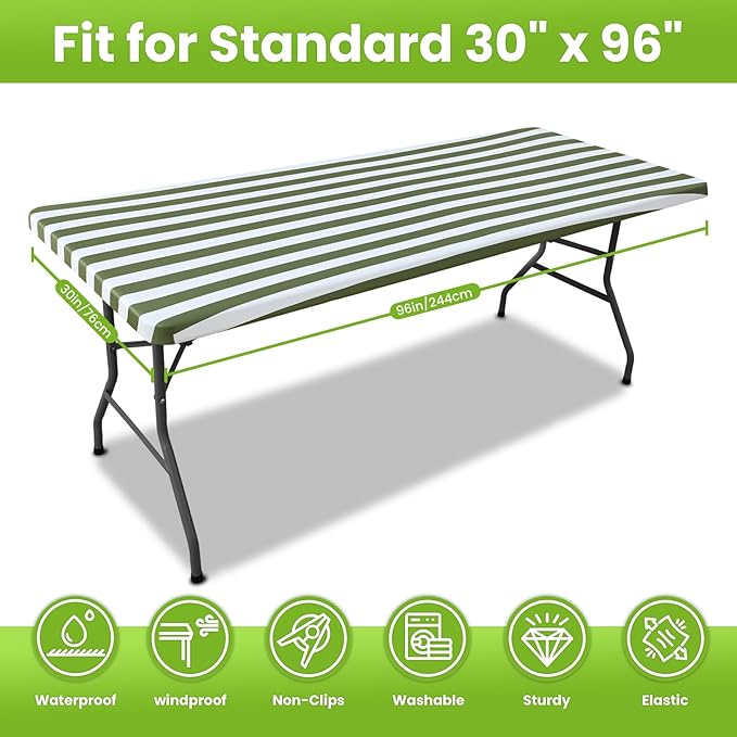 Smiry Spandex Fitted Tablecloth for 8 Foot Rectangle Tables, Washable Picnic Table Cover with Elastic, Stretch Reusable Table Cloth for Outdoor, Camping, Dining & Kitchen (Stripe, 30"x96")