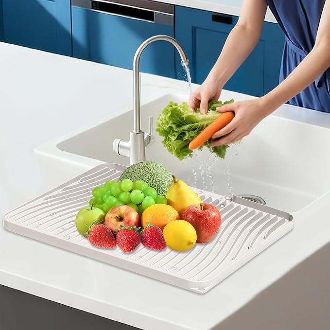 Silicone Dish Drying Mat for Kitchen Counter, Non-Slip Drain Pad, Dish Drying Pad, Easy to Clean Dish Rack Pad, Multi-Use as Heat Resistant Trivet, 15.8" x 13" , Cream