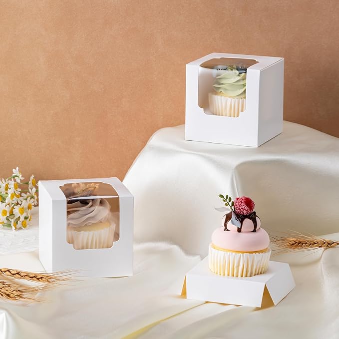 Hoewina 28PCS Cupcake Boxes, Individual Cupcake Containers with Window, Food Grade Cupcake Holders Carrier with Inserts, Stackable Deep Cake Box for Birthday Holiday Party Bakery Supplies (White)