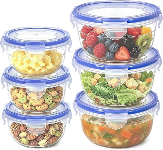 KIGI Leak-Proof Plastic Bowls, Airtight Lid, BPA Free, Ideal for Food Storage, Soup, Snack, Fruit, Meal Prep & Lunch, 4 Sided Locking Lid (2.5 Cup +1.25 cup) 12 Piece Set