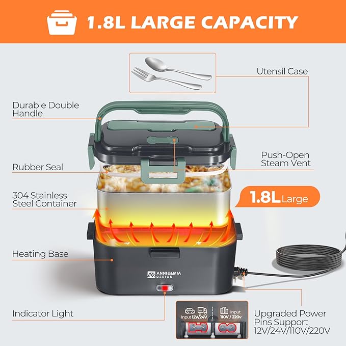 Annie & Mia Design Electric Lunch Box for Adults, 100w 1.8L Portable Food Warmer for men Heated Lunch Box for Adults, Home/Car/Office/Truck Use, Lonchera Eléctrica Portátil Green