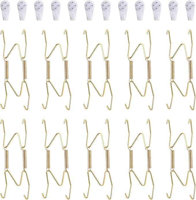 10 Piece Plate Hangers, 4 Inch Invisible Brass Wall Plate Hangers, Comes with 12 Piece Wall Hooks for Decorative Plates