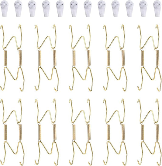 10 Piece Plate Hangers, 4 Inch Invisible Brass Wall Plate Hangers, Comes with 12 Piece Wall Hooks for Decorative Plates