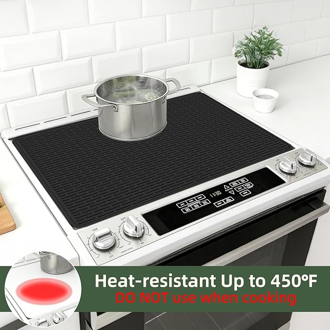LONGKING Stove Top Cover for Electric Stove - Silicone Stove Mat for Glass Top Stove, Dish Drying Mats For Kitchen, Range Covers for Electric Stove (Black Grid, 28 x 20)