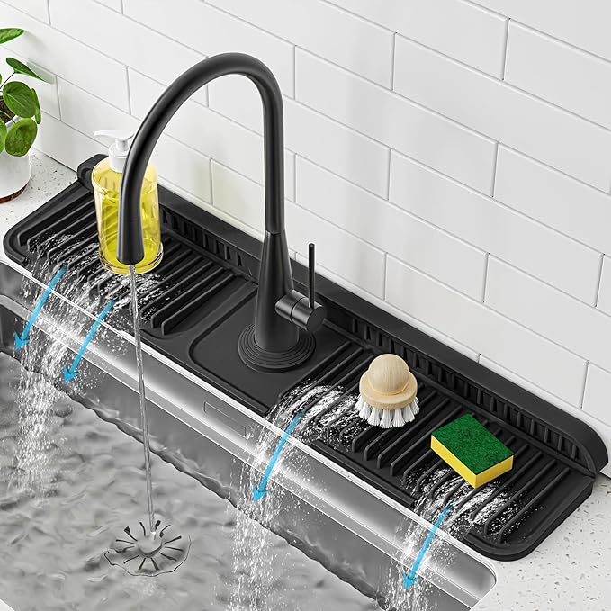 PoYang 24 inch Faucet Mat for Kitchen Sink Splash Guard, 7° Slope Silicone Sink Water Splash Guard for Kitchen Sink Area with Snap Button, Longer Sink Protectors for kitchen Sink Sponge Holder, Black