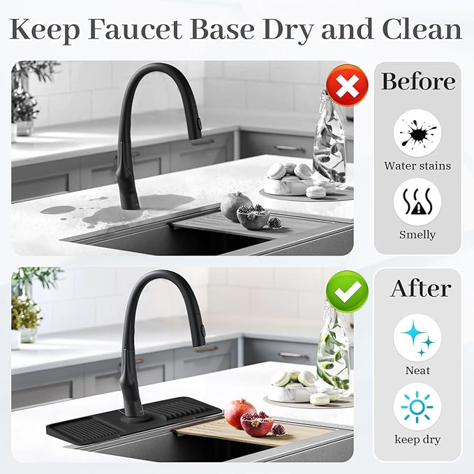PoYang 14.6 Inch Faucet Mat for Kitchen Sink Splash Guard Behind Faucet, Sink Protectors for Kitchen Sink Faucet Mat Splash Guard for Kitchen Sink Area, Short Silicone Faucet Guard Draining Mat, Black