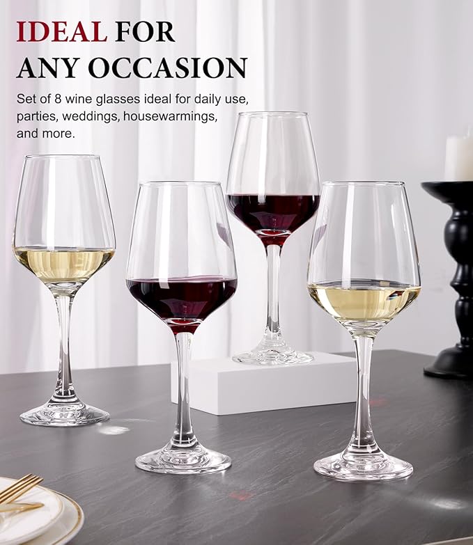 OJA Wine Glasses Set of 8, 12oz Red or White Wine Glasses, Thick, Clear, Long Stem Wine Glasses, Perfect for Party, Home, Restaurant, Bars, Wedding, Dishwasher Safe