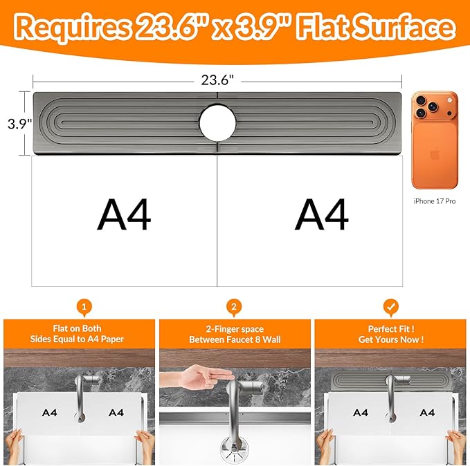 23.6 Inch Stone Faucet Mat for Kitchen Sink Splash Guard, Diatomite Sink Protectors for Kitchen Sinks Behind Faucet, Quick Dry Water Absorbing Stone Tray , Drip Catcher (Dark Gray, 23.6" x 3.9")