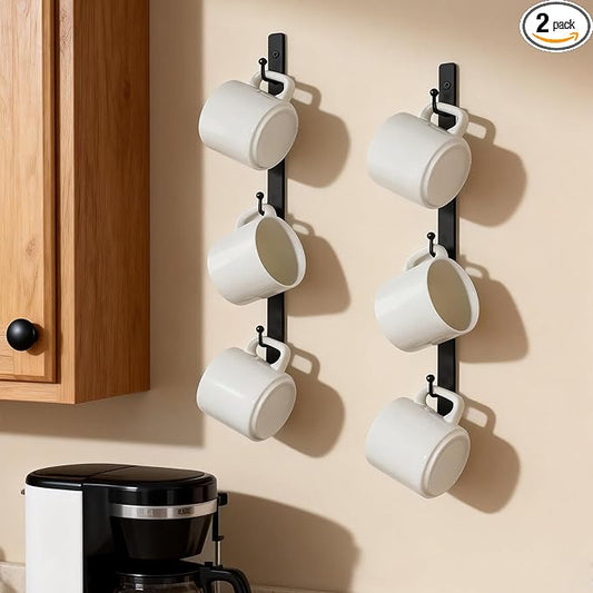 Yohsnor Coffee Mug Rack Set of 2 - Stylish Black Iron Coffee Cup Holder with 6 Hooks, Mounted Shelf for Kitchen & Office, Space-Saving, Easy to Install, Durable & Sturdy Hanger Racks