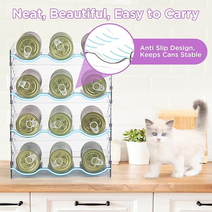 Large Cat Food Can Organizer – 4-Tier Holds 72 Cans (3oz–12.5oz), Clear Acrylic Mold-Proof Stackable Storage, Canned Food Pantry Organizer for Multi-Cat Households, Kitchen & Countertop (4 Layers)