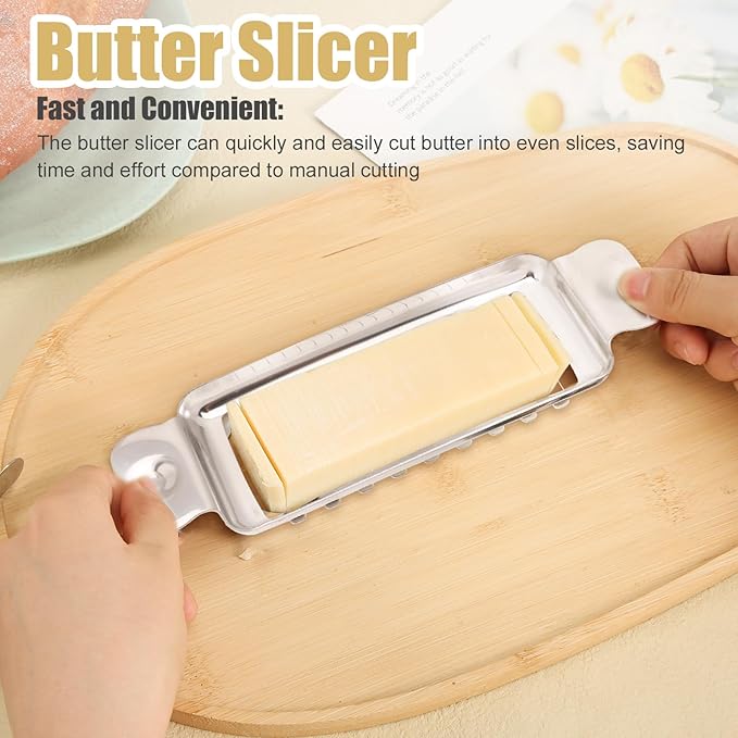 Butter Slicer Cutter, Stainless Steel Ergonomic Cheese Slicer Cheese Even Stick Slicing Tool for Portion Control Cheese Wire Slicer with Portable Grip for Food Square Block Butter(Silver)