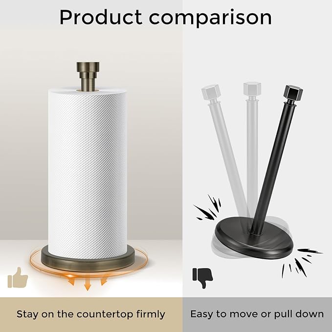 Antique Bronze Paper Towel Holder Countertop, Freestanding Paper Towel Stand with Weighted Non-Slip Base, Easy Assembly, Unique Decorative End Cap for Kitchen and Bathroom