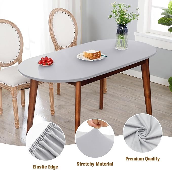 NEWISHER Fitted Oval Tablecloth 42 x 60 Inch Elastic Table Cloth, Stretch Spandex Table Cover Silver Washable Polyester Top Cap Cover for Dining Picnic Camping Indoor and Outdoor