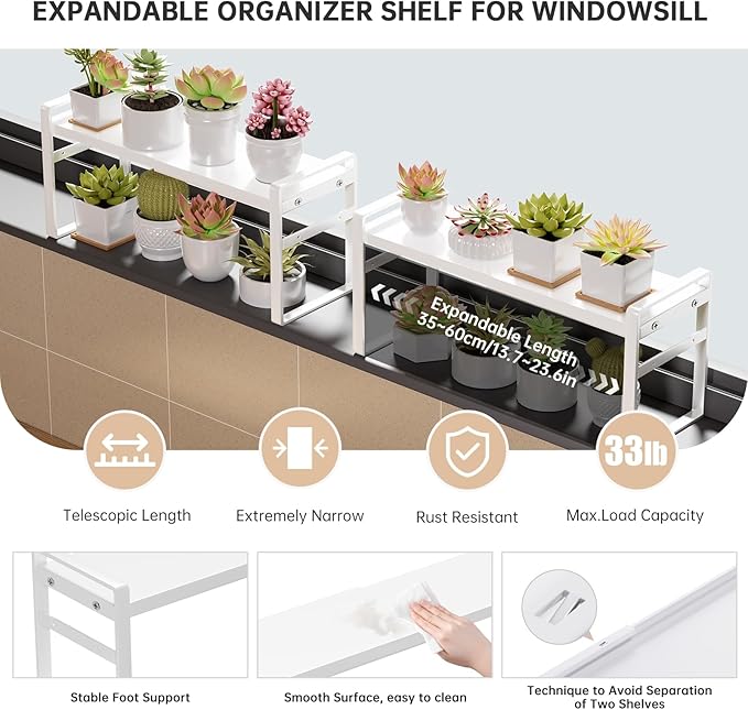 1pc Small Narrow Tall Shelf for Windowsill Kitchen Organizer Stackable Shelves Bathroom Sill Thin Shelves for Narrow Spaces Counter Top Racks (White, L13.8-23.6'' * W5.9'' * H7.5'')