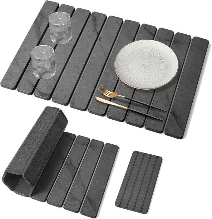 2 PCS Large Stone Dish Drying Mat for Kitchen Counter, 24"×16" Marble Dish Drying Mat with 8"x 4" Coasters, Non - Slip Collapsible Absorbent Mat for Multi - Purpose, Match Any Countertop - Grey