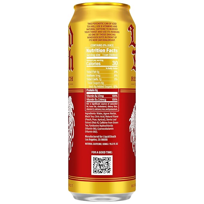 Liquid Death Iced Tea - Rest In Peach (Peach-Flavored Black Tea), Less Sugar*, Boost of Caffeine, B Vitamins, No Artificial Sweeteners, King Size 19.2 Fl Oz (Pack of 12)
