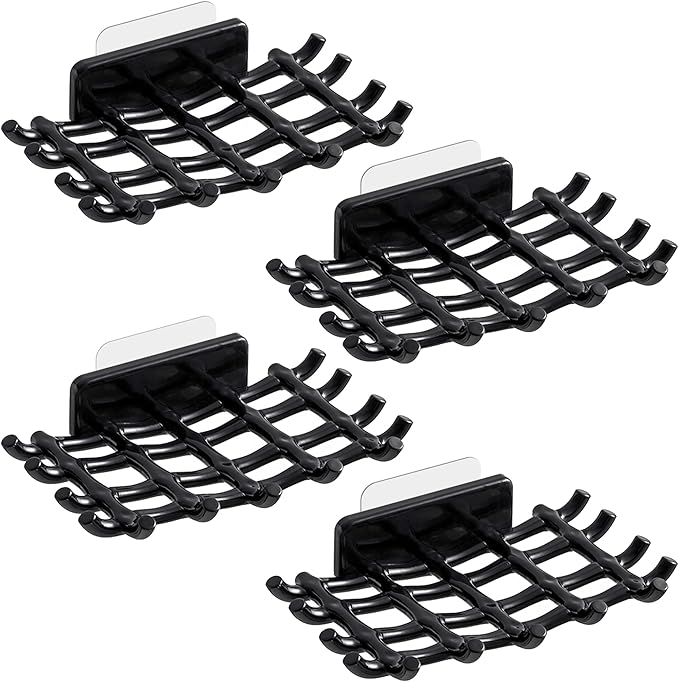 Soap Bar Holder for Shower Wall, Self Draining Soap Dish with Hooks, No Drilling, Bathtub Kitchen Sink Waterproof Adhesive Wall Mounted Dish (4 Pack, Black)