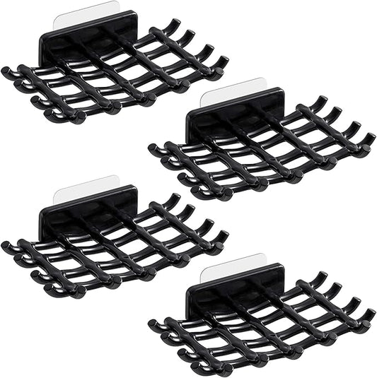 Soap Bar Holder for Shower Wall, Self Draining Soap Dish with Hooks, No Drilling, Bathtub Kitchen Sink Waterproof Adhesive Wall Mounted Dish (4 Pack, Black)