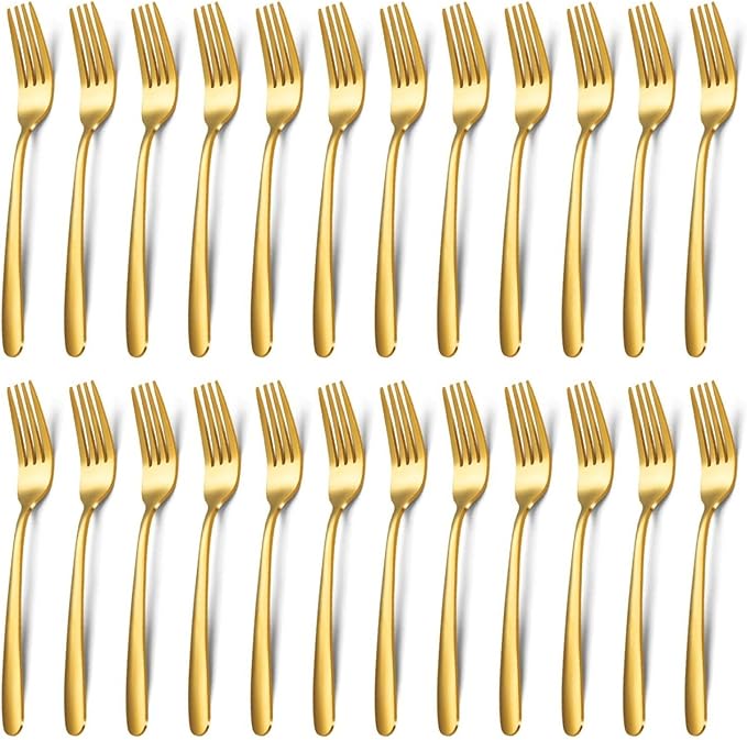 Unokit 24-Piece Stainless Steel Dinner Forks Silverware - 8 Inch Silver Dinner Forks Set of 24, Forks Set, Flatware Forks for Home, Kitchen or Restaurant, Mirror Polished, Dishwasher Safe, Gold