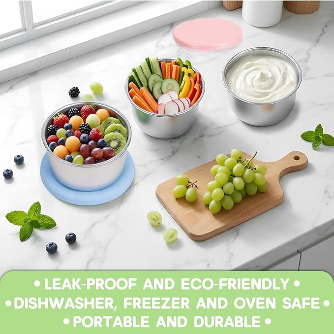 6Pack 8oz Stainless Steel Snack Containers for Kids, Reusable Small Metal Food Containers with Silicone Lids, Stackable Metal Toddler Lunch Box for Daycare, School and Outdoor (1CUP)