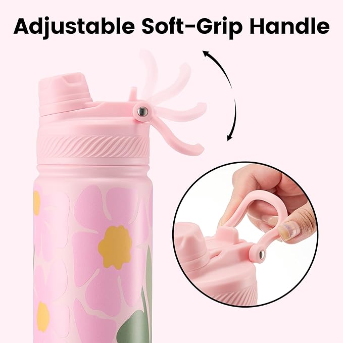 Fijinhom 18 oz Insulated Water Bottle, 2-in-1 Straw and Spout Lid Stainless Steel Thermos, Leak-Proof, Double Wall Vacuum Flask, Keep Cold 24H for Outdoor, Sports, Travel, School (Flower)