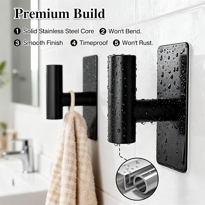 2-Pack Heavy-Duty Adhesive Wall Towel Hooks, No-Drill Wall Mount Hooks for Kitchen, Bathroom, Closet