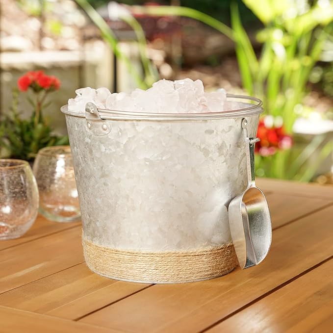 Twine Farmhouse Ice Bucket with Scoop - Beverage Tub Wrapped with Rope for Parties - Galvanized Metal Bucket Cooler & Drink Tub Holds 1 Gallon