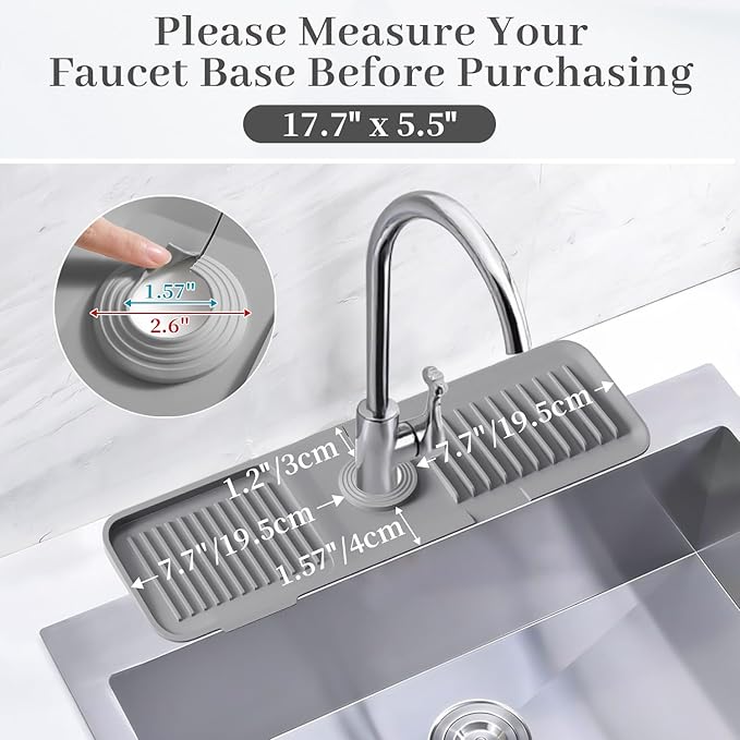 PoYang 17.7 Inch Faucet Mat for Kitchen Sink Splash Guard Behind Faucet, Sink Protectors for Kitchen Sink Faucet Mat Splash Guard for Kitchen Sink Area, Long Silicone Faucet Guard & Draining Mat, Grey