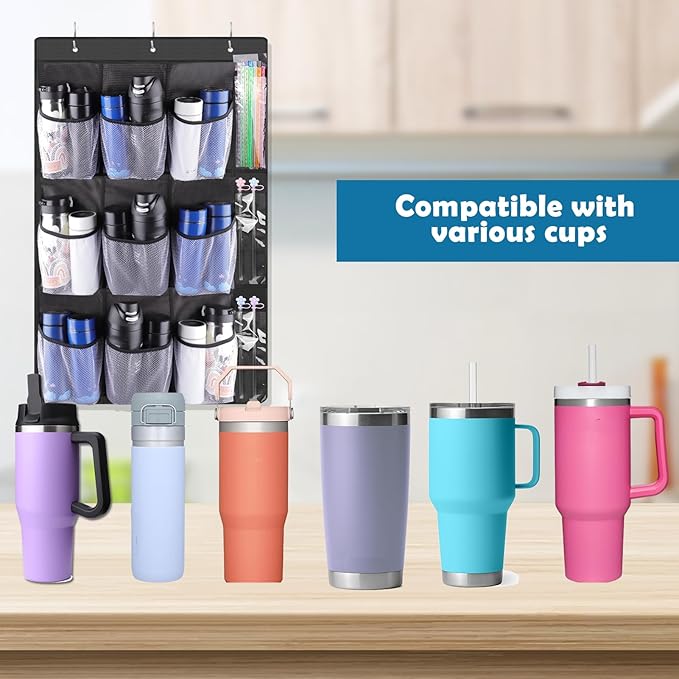 AIERSA Tumbler Organizer for Stanley 30 40 oz Cups with Handle, Cup Holder with Big Pockets for Big Water Bottles, Over the Door Tumbler Holder, Kitchen Cabinets Organizers Accessories