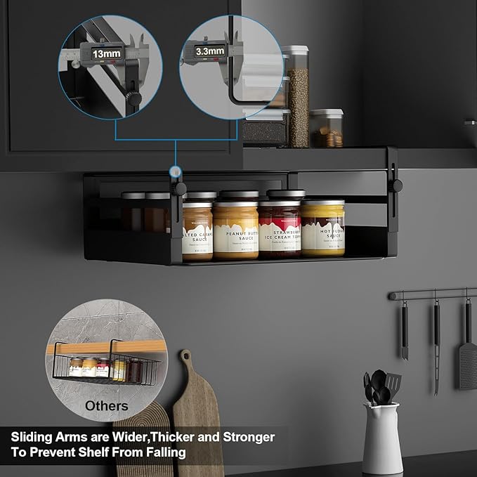 AmonHouseware 2 Pack Under Shelf Basket Organizers,Adjustable Hanging Under Cabinet Add-on Storage Racks Slide-in Baskets Organizer for Laundry Room Kitchen Pantry Desk Bookshelf, Black