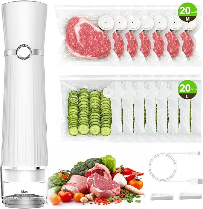 Vacuum Sealer for Food (Compact Vacuum Sealer Machine + 40 Reusable Vacuum Bags), Powerful 80Kpa Portable Vacuum Sealer for 10X Preservation & Fresh, Handheld Vacuum Food saver