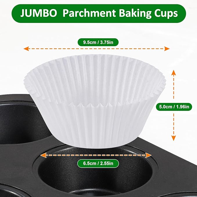 Caperci Parchment 200pcs Jumbo Muffin Liners for Baking - White Paper Large Cupcake Liners for Jumbo Muffin Pan, Balanced Non-Stick/Excellent Grease-proof, Odorless, Food Grade (White)