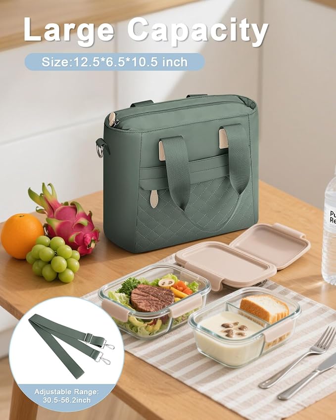 Capolo Insulated Lunch Box for School - Large Thermal Lunch Bag Women with Removable Shoulder Strap, Reusable Lunch Cooler Tote Bags Purse for Adults Work, Picnic, Hiking, Beach, Travel, MediumGreen