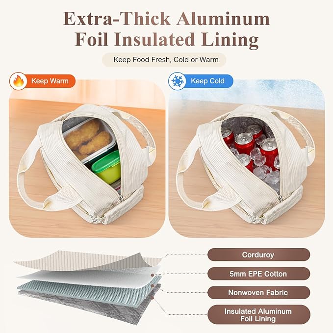 KUBYA Lunch Bag Lunch Box for Women, Cute Corduroy Insulated Reusable Work Leakproof Simple Adults Large Lunch Boxes Tote Bag Men Cooler Bag