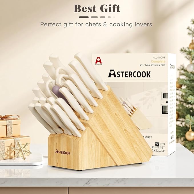 Knife Set, Astercook 22-Piece Kitchen Knife Set with Built-in Sharpener Block, High Carbon Stainless Steel Knives, Dishwasher Safe, Non-Slip Handle, Elegant Cream White Design, Perfect Holiday Gifts