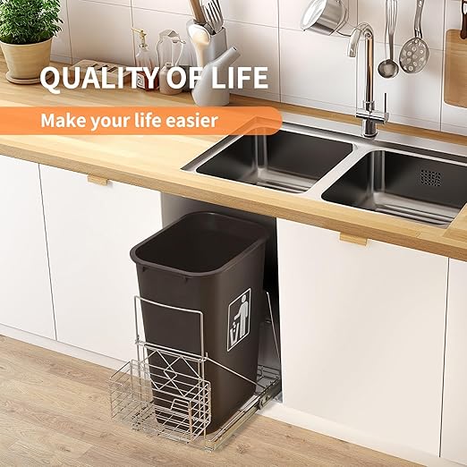 Nuoex Pull Out Trash Can Under Cabinet, Fit Most 7-11 Gallon Garbage Can, Slide Roll Out Rack for Kitchen Trash Can, Under Cabinet Sink Waste Bin Pull Out Slider with Basket (Waste Bin Not Included)