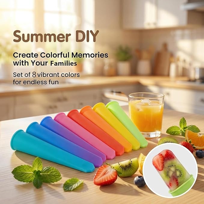 RAINFLOW 8 PCS Silicone Popsicle Molds - Reusable Popsicle Maker with Lids,Leak Proof Pop Tubes,Food Grade Silicone Freezer Molds for Homemade Ice Pops,Yogurt Tubes,Family Snacks
