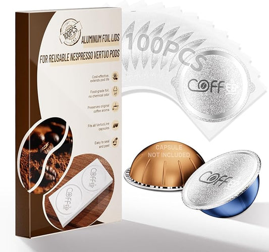 100 Pcs Aluminum Foil Seal Lids with Double Ear Tabs, Strong Sealing Performance, 3-Point Positioning Design for Reusable Nespresso Vertuo Coffee Pods Capsules