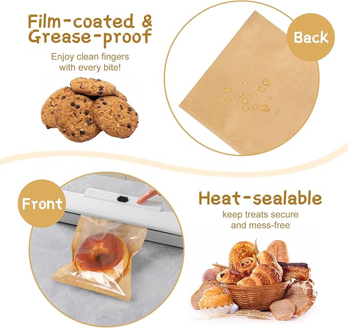 SUREHOME Cookie Bags Small Brown Paper Bags with Window 100 Pcs Thank You Stickers 5.7 x 6.5 Inch Individual Heat Sealable Kraft Bakery Bags for Gift Giving, Treats, Snacks, Baked Goods Packaging