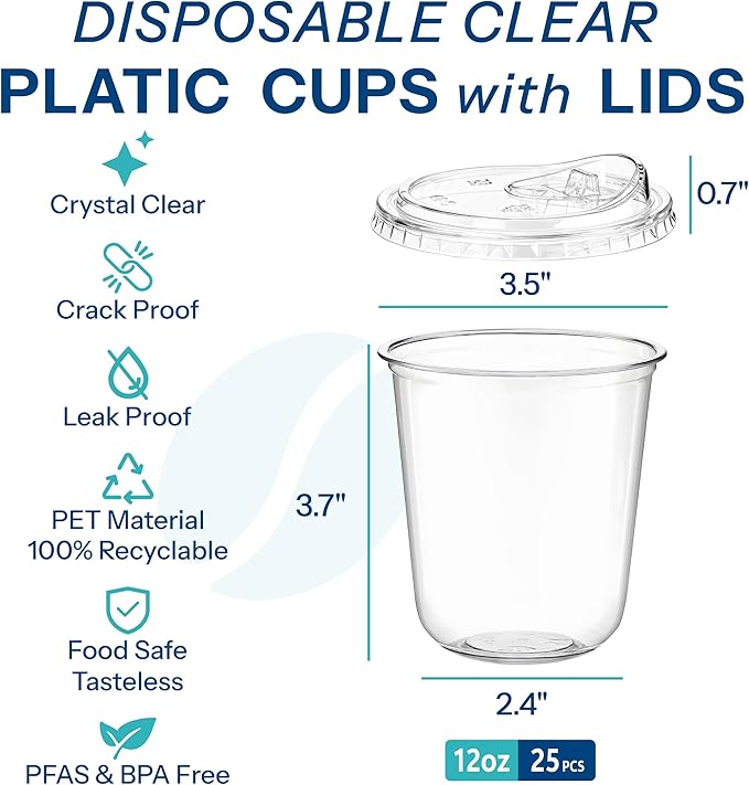 25 Pack 12 oz BPA-Free Clear Plastic Coffee Cups with Strawless Sip Lids - Leak-Proof Disposable To-Go Cups for Iced Coffee, Kids, Smoothies & Juice, Ideal for Daily Use & Small Gatherings