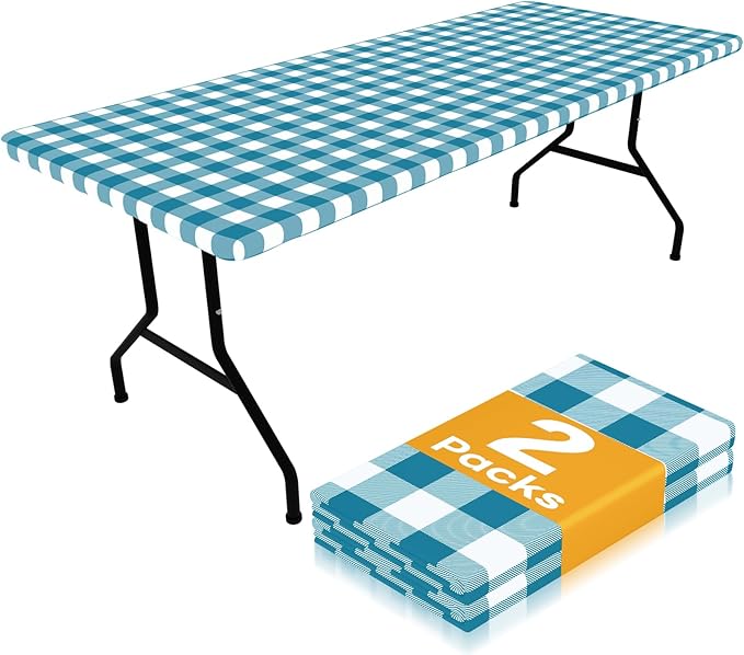 Smiry Picnic Table Cloth 2 Pack, Waterproof Elastic Fitted Tablecloths for 8FT Rectangle Tables, Washable Polyester Buffalo Plaid Tablecloth for Camping & Outdoor (Turquoise & White, 30" x 96")